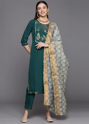 3 Pc Green Readymade Silk Dupatta Suit Set