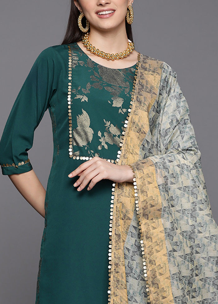 3 Pc Green Readymade Silk Dupatta Suit Set