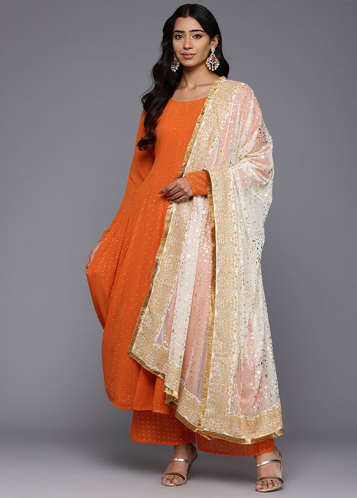 3 Pc Orange Readymade Georgette Dupatta Suit Set