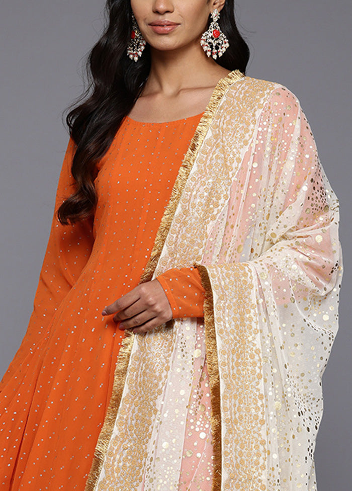 3 Pc Orange Readymade Georgette Dupatta Suit Set