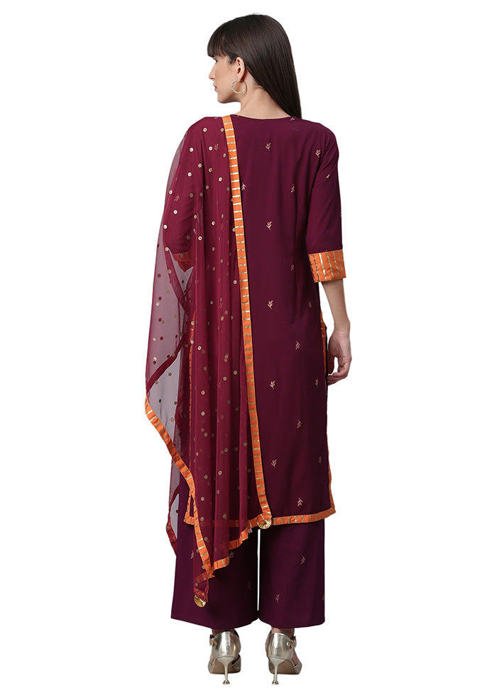 3 Pc Burgundy Readymade Silk Dupatta Suit Set