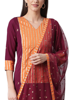 3 Pc Burgundy Readymade Silk Dupatta Suit Set