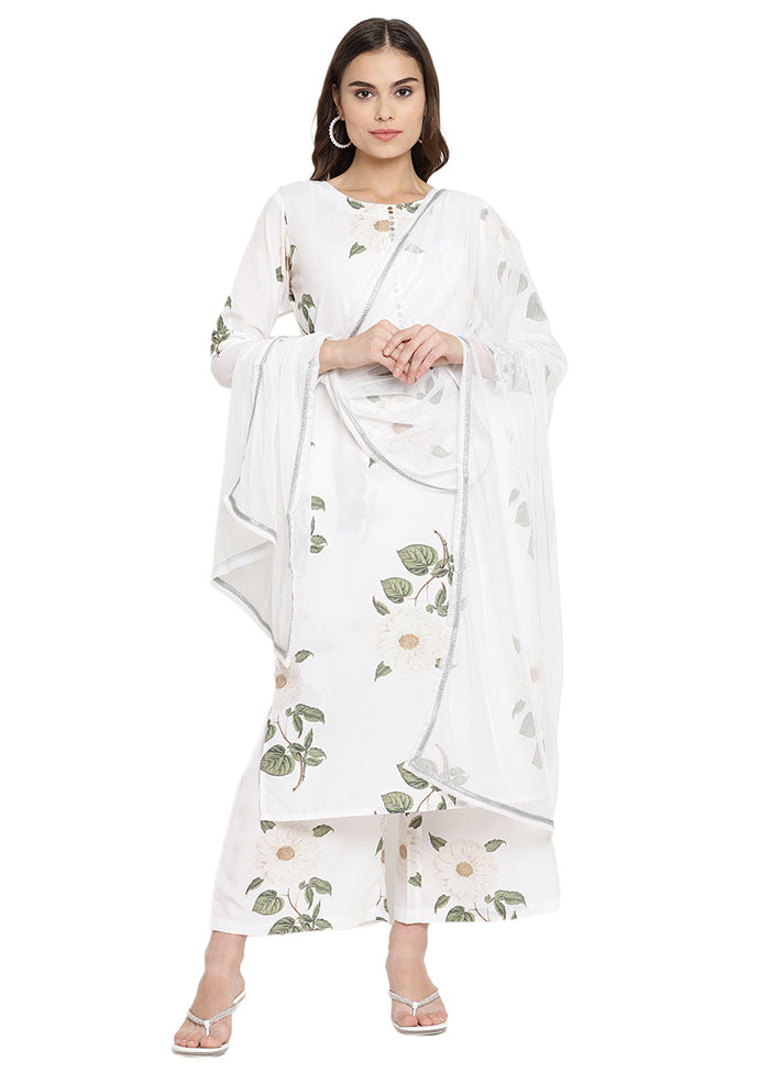 3 Pc White Readymade Silk Dupatta Suit Set