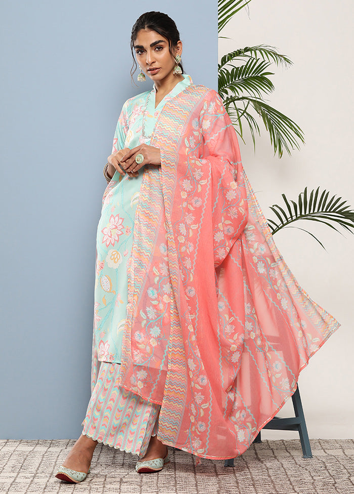 3 Pc Sky Blue Readymade Silk Dupatta Suit Set