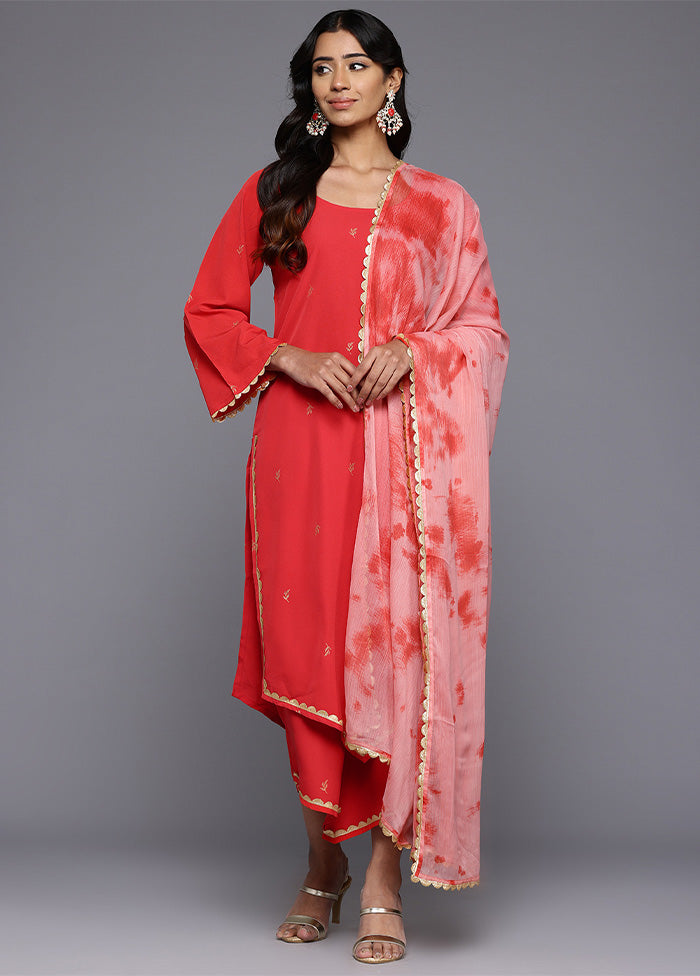 3 Pc Red Readymade Silk Dupatta Suit Set