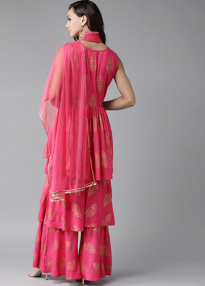 3 Pc Pink Readymade Viscose Dupatta Suit Set