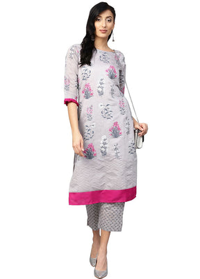 2 Pc Grey Readymade Chanderi Kurti Set