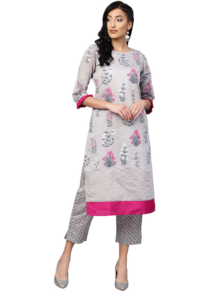 2 Pc Grey Readymade Chanderi Kurti Set