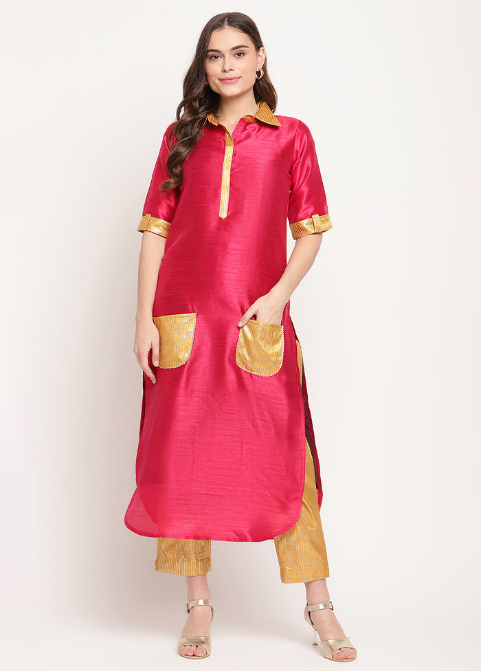 2 Pc Dark Pink Readymade Silk Kurti Set