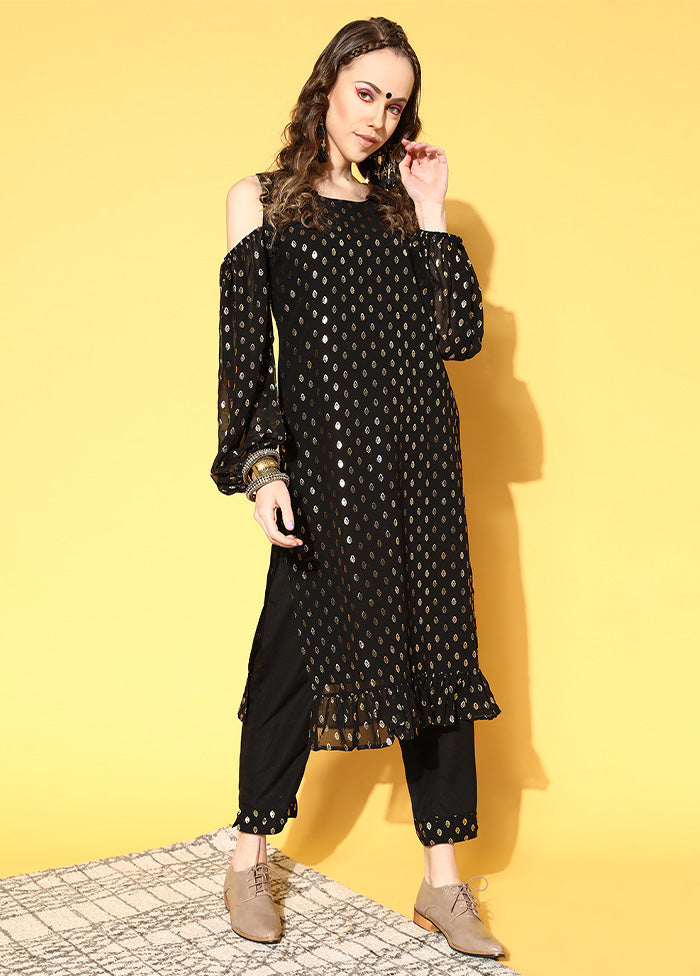 2 Pc Black Readymade Georgette Kurti Set