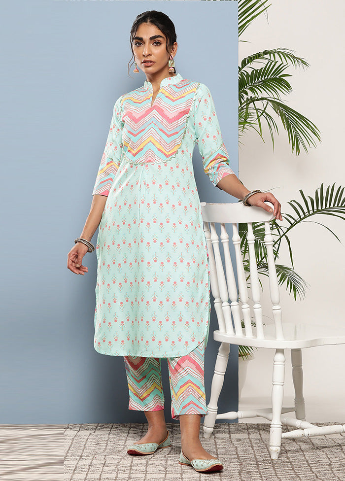 2 Pc Sky Blue Readymade Silk Kurti Set