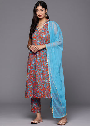 3 Pc Teal Blue Readymade Viscose Dupatta Suit Set