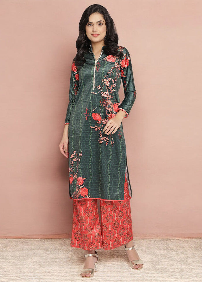 2 Pc Dark Green Readymade Velvet Kurti Set