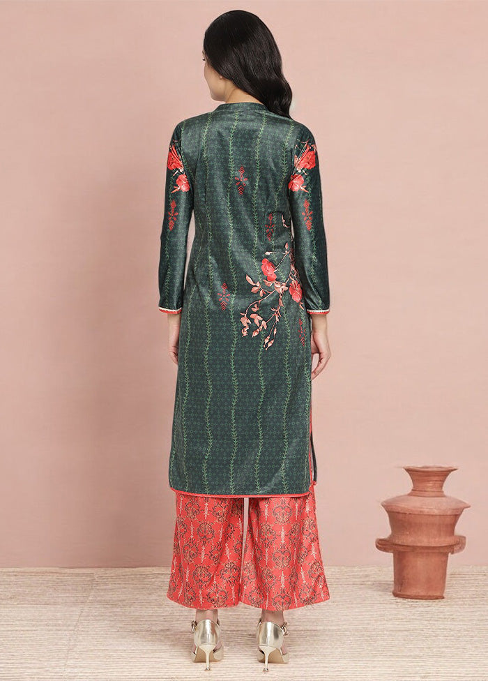 2 Pc Dark Green Readymade Velvet Kurti Set