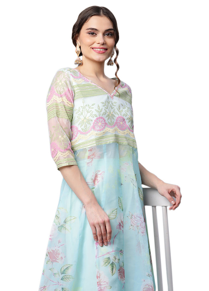 2 Pc Blue Readymade Net Kurti Set