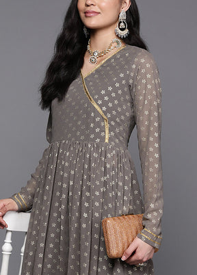 2 Pc Grey Readymade Georgette Kurti Set