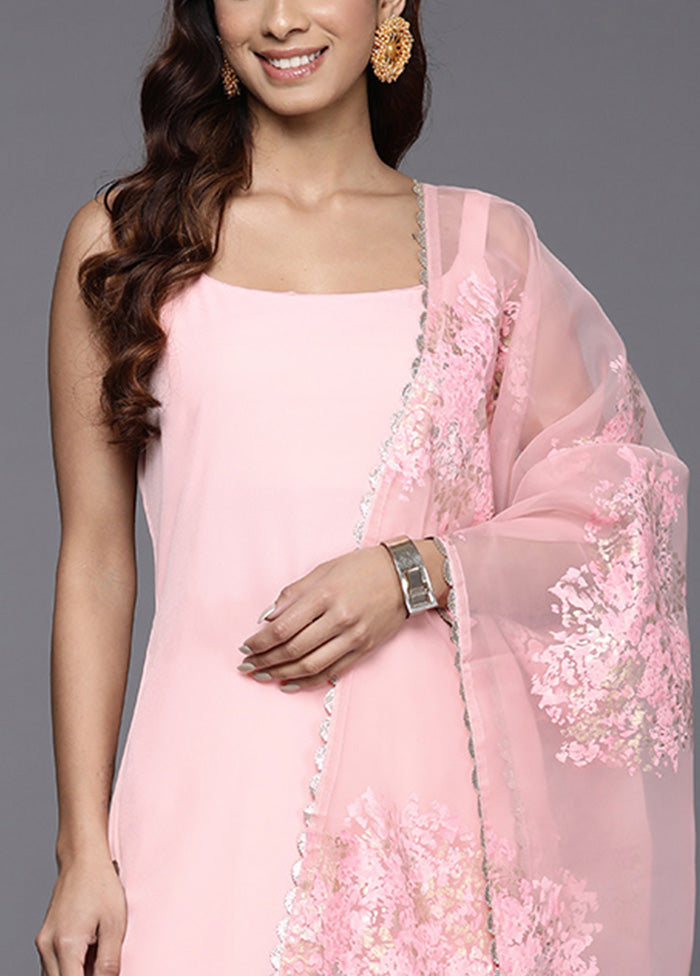 3 Pc Pink Readymade Silk Dupatta Suit Set