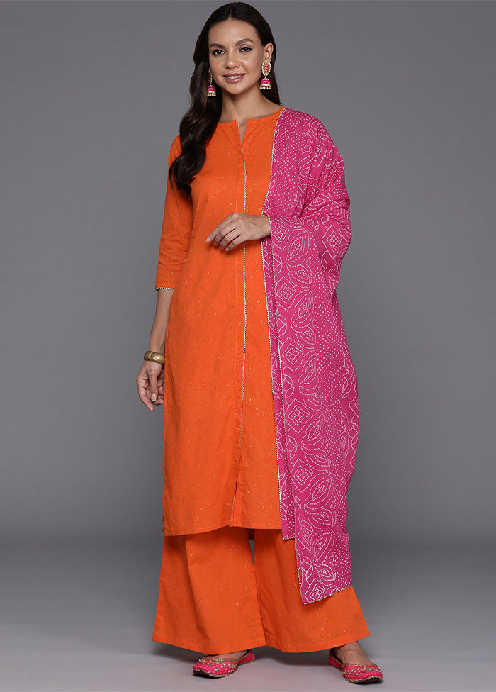 3 Pc Orange Pure Readymade Cotton Dupatta Suit Set