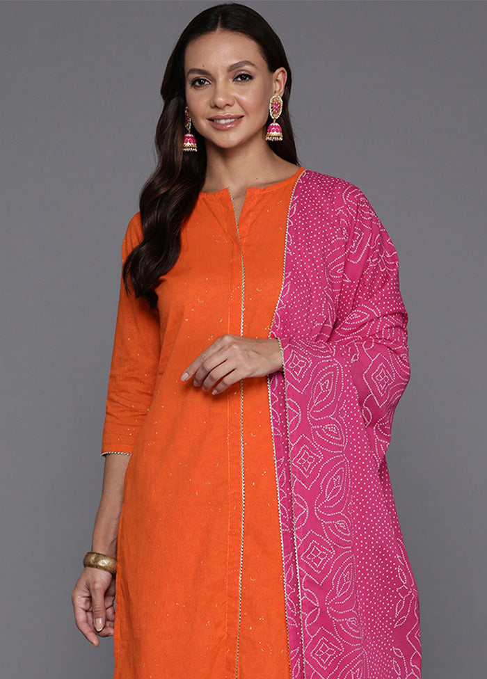 3 Pc Orange Pure Readymade Cotton Dupatta Suit Set