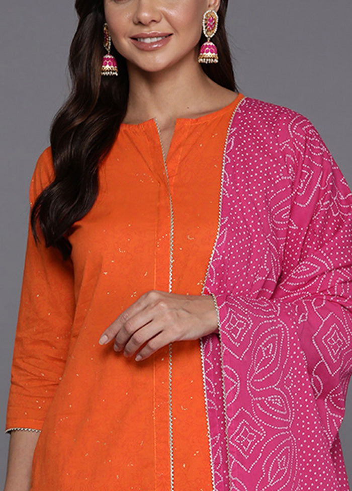 3 Pc Orange Pure Readymade Cotton Dupatta Suit Set