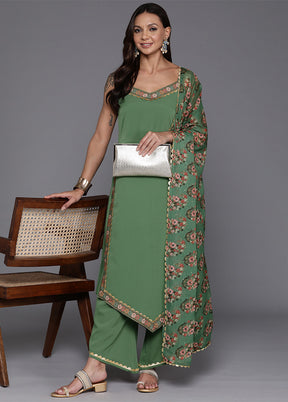 3 Pc Sage Green Readymade Silk Dupatta Suit Set