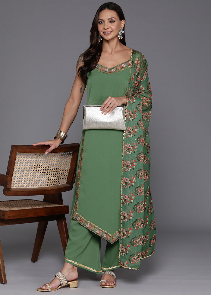 3 Pc Sage Green Readymade Silk Dupatta Suit Set