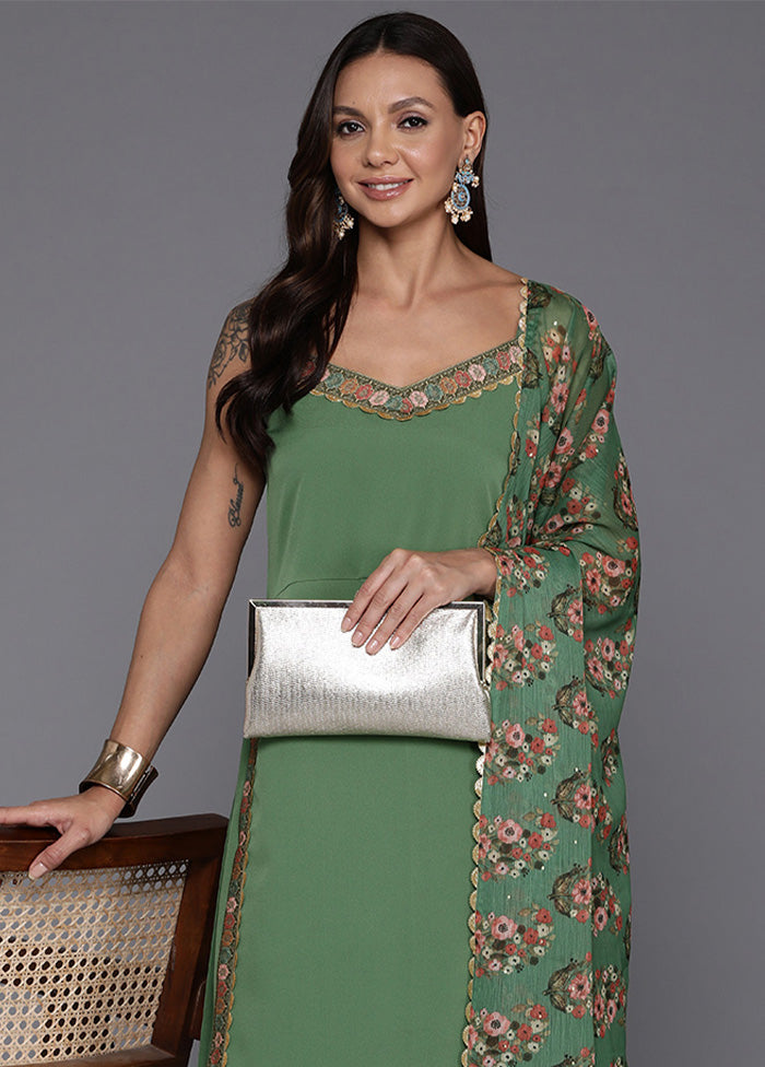 3 Pc Sage Green Readymade Silk Dupatta Suit Set