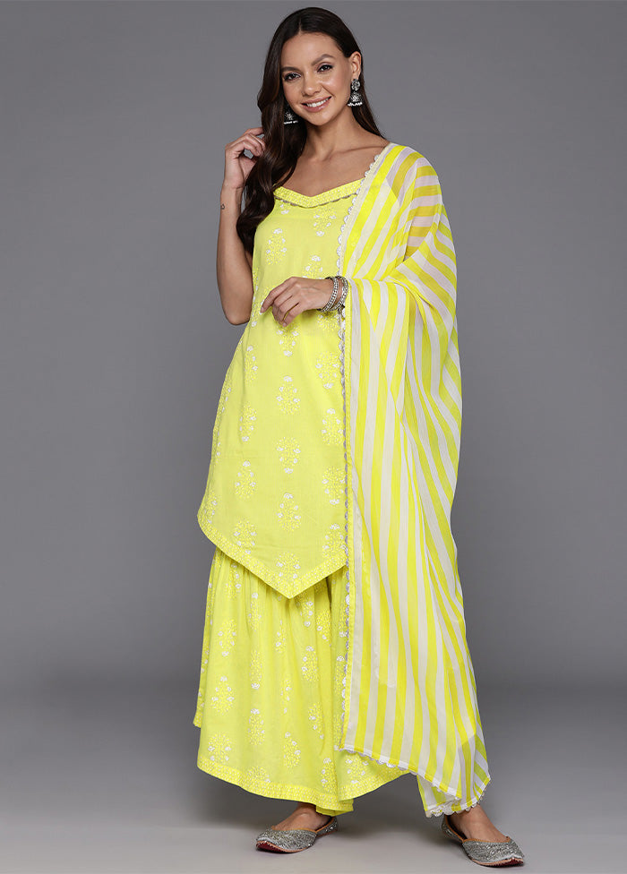 3 Pc Yellow Pure Readymade Cotton Dupatta Suit Set