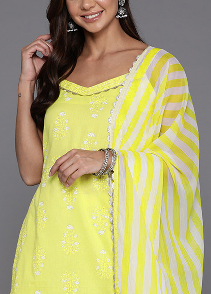 3 Pc Yellow Pure Readymade Cotton Dupatta Suit Set