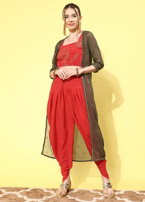 3 Pc Red Readymade Silk Top Set