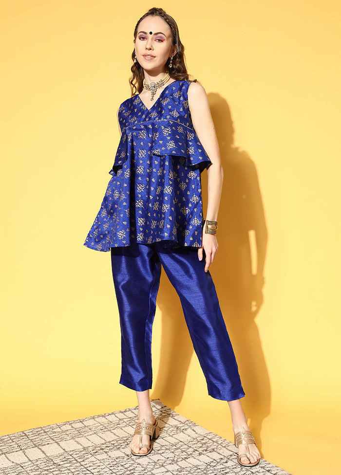 2 Pc Royal Blue Readymade Silk Kurti Set