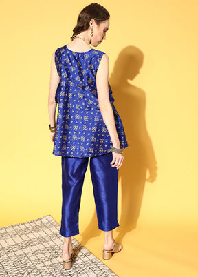 2 Pc Royal Blue Readymade Silk Kurti Set