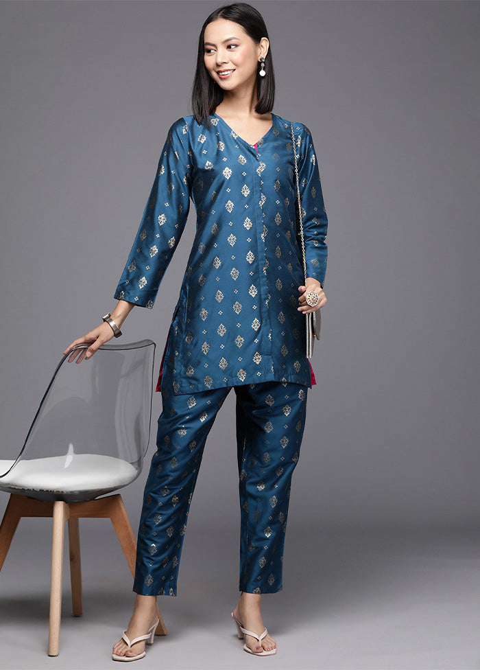 2 Pc Teal Blue Readymade Silk Tunic Set