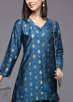 2 Pc Teal Blue Readymade Silk Tunic Set