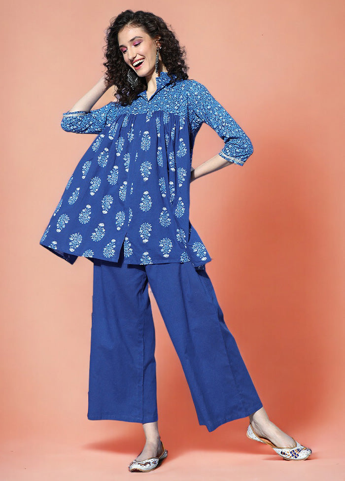 2 Pc Indigo Blue Pure Readymade Cotton Tunic Set