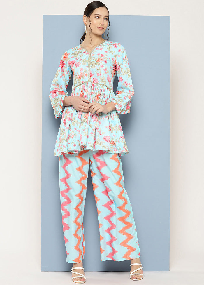 2 Pc Blue Readymade Polyester Tunic Set