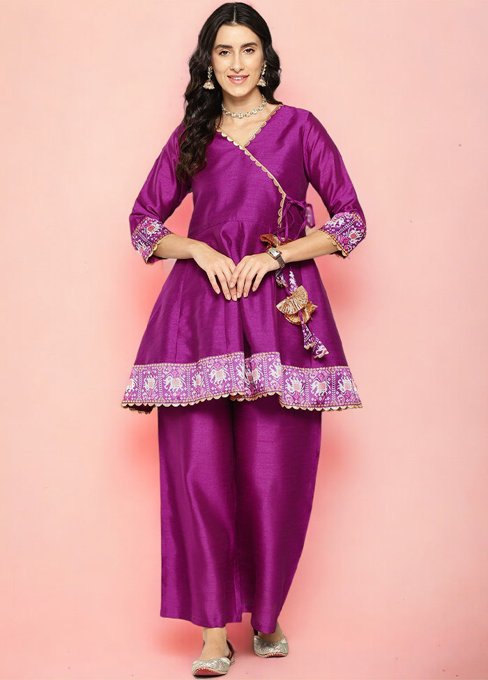 2 Pc Purple Readymade Silk Tunic Set