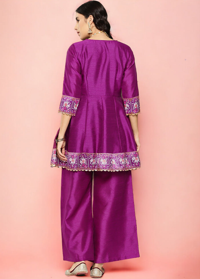 2 Pc Purple Readymade Silk Tunic Set