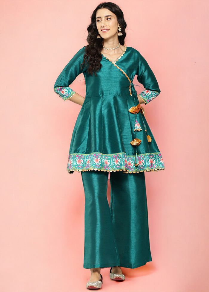 2 Pc Green Readymade Silk Tunic Set