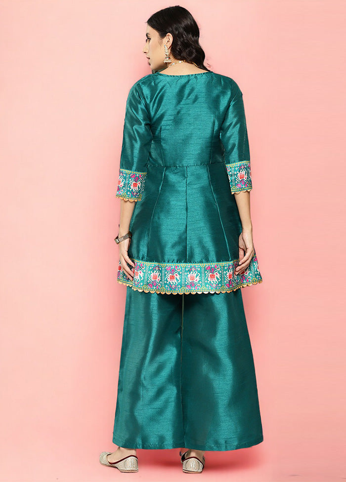 2 Pc Green Readymade Silk Tunic Set