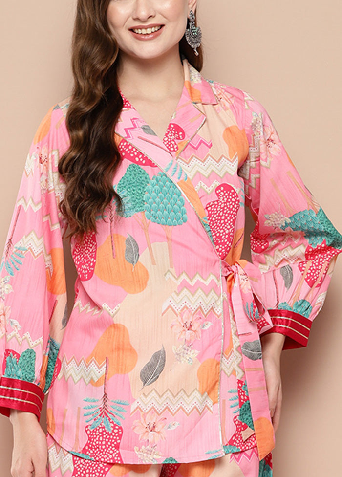 2 Pc Pink Readymade Silk Tunic Set