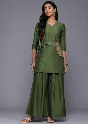 2 Pc Olive Green Readymade Silk Tunic Set