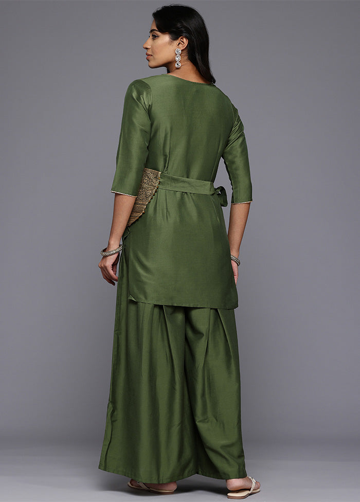 2 Pc Olive Green Readymade Silk Tunic Set