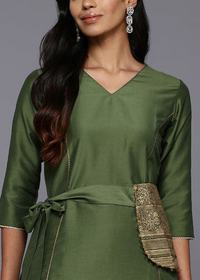 2 Pc Olive Green Readymade Silk Tunic Set