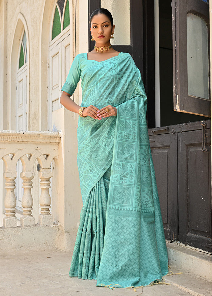 Sea Green Dupion Silk Saree With Blouse Piece