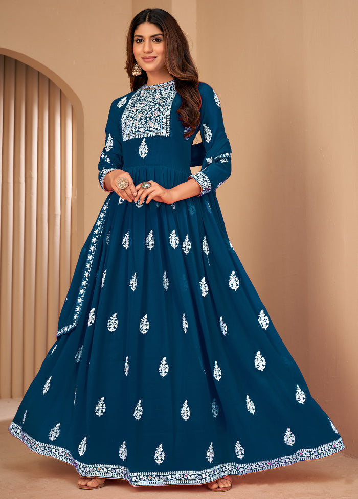 3 Pc Turquoise Unstitched Georgett Suit Set With Dupatta VDDIT2803232 - Indian Silk House Agencies