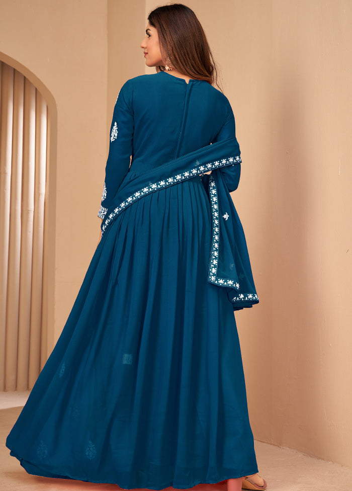 3 Pc Turquoise Unstitched Georgett Suit Set With Dupatta VDDIT2803232 - Indian Silk House Agencies