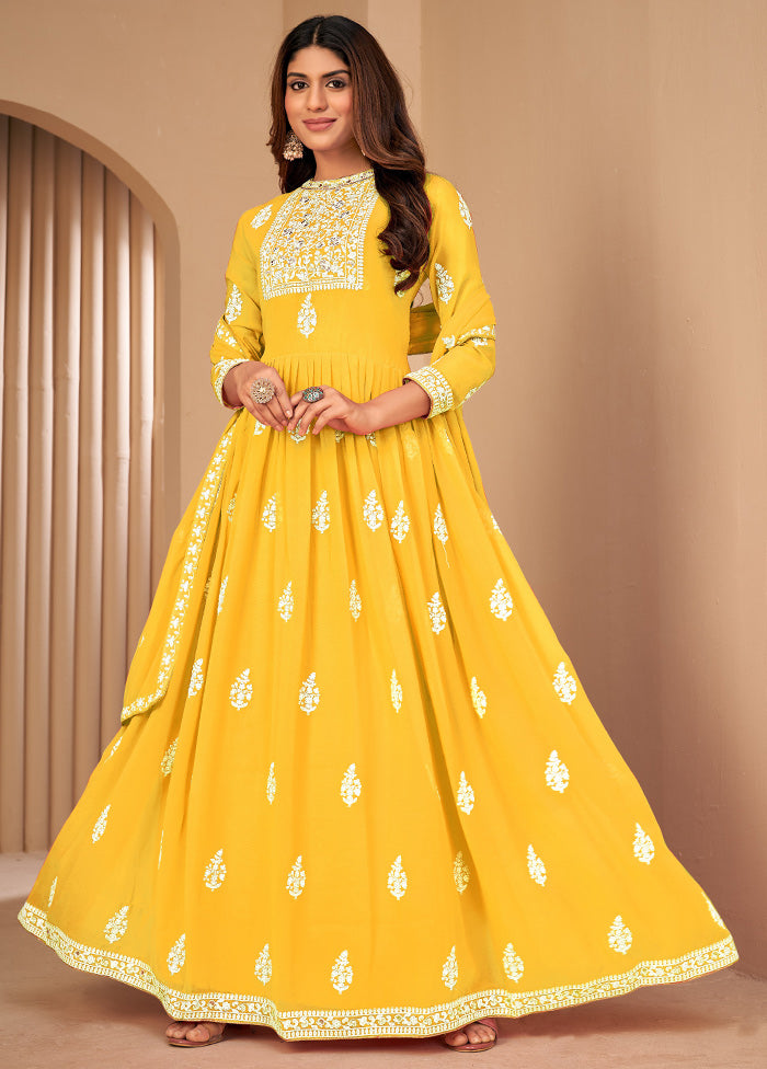 3 Pc Yellow Unstitched Georgett Suit Set With Dupatta VDDIT2803233 - Indian Silk House Agencies