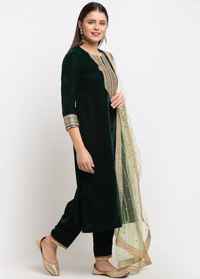 Green 3 Pc Velvet Suit Set With Dupatta VDANO001280769 - Indian Silk House Agencies