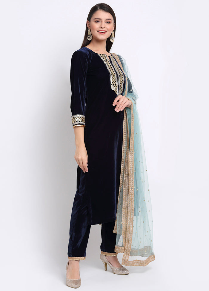Blue 3 Pc Velvet Suit Set With Dupatta VDANO001280754 - Indian Silk House Agencies